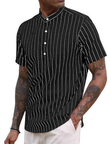 Mens Linen Shirts Short Sleeve Cotton Linen Shirt Henley Neck Striped Shirt Regular Fit Casual Summer Beach Shirts Black 3XL
