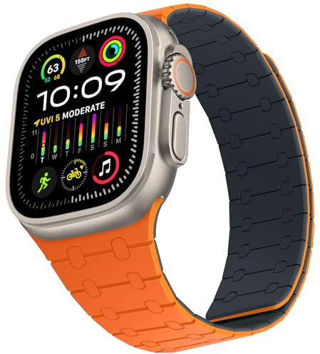ZZDZZ Compatible avec Bracelet Apple Watch 49mm 46mm 45mm 44mm 42mm 41mm 40mm 38mm, Bracelet Silicone Magnétique pour iWatch Ultra 2 Série10 9 8 7 6 5 4 3 2 1 SE (42/44/45/46/49, Orange/Bleu Nuit)