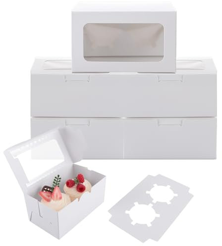 VIDETOL 100 Pack 2 Hole Cupcake Boxes, 6 Inch Cupcake Carrier With Transparent Window and Adjustable Inserts, Kraft Paper Small Cake Box for Cupcakes, Cookies, Muffins, Pastries and Donuts