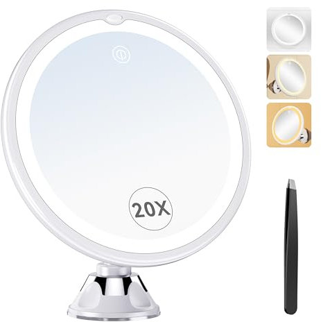 Auxmir LED Makeup Mirror, 20X Magnifying Cosmetic Mirror With Powerful Locking Suction Cup, 360° Rotating Daylight White Shaving Mirror with 2 Brightness Levels, Portable Illuminated Bathroom Mirror