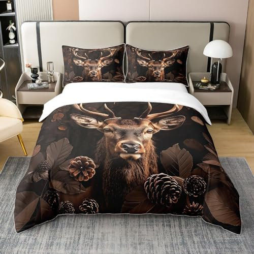 3D Deer 100% Natürliche Baumwolle Bettbezug für Erwachsene Teens,Brauner Elch Geweih Bettwäsche Set,Kegel Kiefer Baum Tröster Bezug,Wald Safari Tier Bettbezug mit 1 Kissenbezug,135x200 Weich Warm