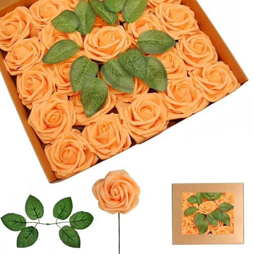 25Pcs Roses Artificielles Orange, En Mousse Faux Roses Avec Tiges,Rose Artificielles Cimetiere, De Faux Ivoire Rose pour Deco Mariage, Décoration d'anniversaire, Saint Valentin, Décoration de Gâteau