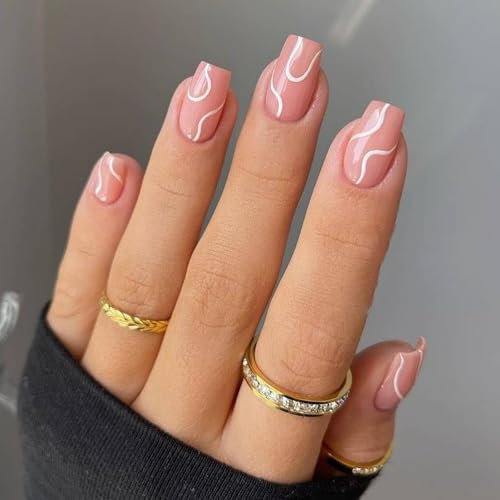 French Tip False Nails - 24pcs Medium Square Pink Press on Nails - False Nails with Glue - Stick on Nails with Fashion Lines Design - Glue on Nails Art Manicure for Girls Women Home DIY