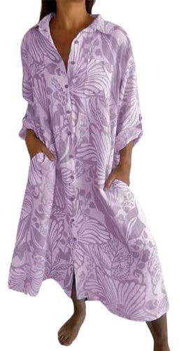 Damen Nachthemd Damen Frühling Sommerkleider Boho Blumen Knopfleiste Urlaub Strand Fließendes Langes Kleid Sexy Nachtkleider Damen Nachtkleid Damen Lang (Purple, XXXXXL)