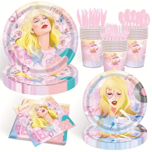 JLCFUTURE 140 Pcs Birthday Party Supplies: Pink Cartoon Plates, Napkins, Cups, Forks, Knives, Spoons - Music Theme Decorations for Girls Birthday Party