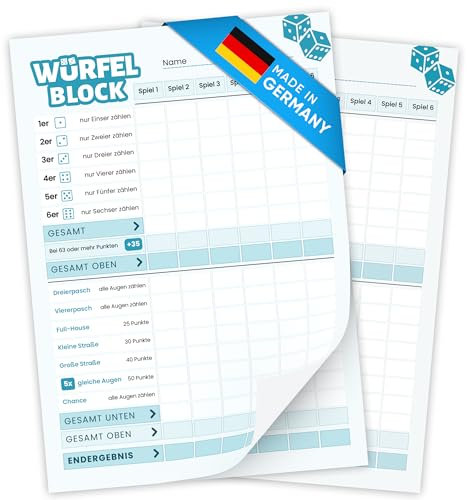 Creative Fox 2 x DIN A5 Würfelspiel Block für Senioren und Kinder - Extra groß | Ersatzblöcke | Knobelblock | Spielblock Made in Germany