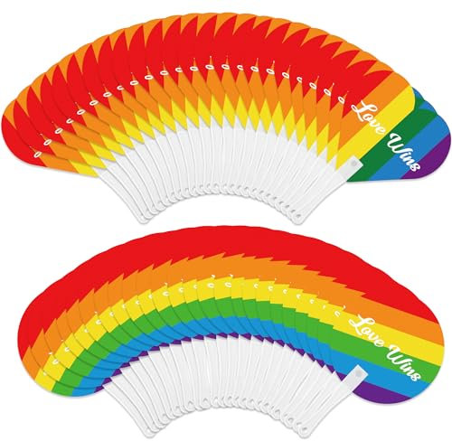 Blowata 48Pcs Pride Accessories Includes Gay Hand Fans - Heart and Round Rainbow Hand Fan for Parties, Festivals & Parades, Sturdy LGBT Plastic Fan for Pride Gifts and Pride Party Supplies