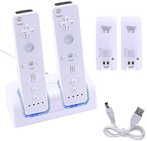 Fesatccoz 2-en-1 Station De Recharge pour Manettes Wii, Station De Recharge pour Deux Manettes, Comprend 2 Piles Rechargeables De 2800 Mah, Chargeur Automatique pour Les TéLéCommandes De Jeux Wii