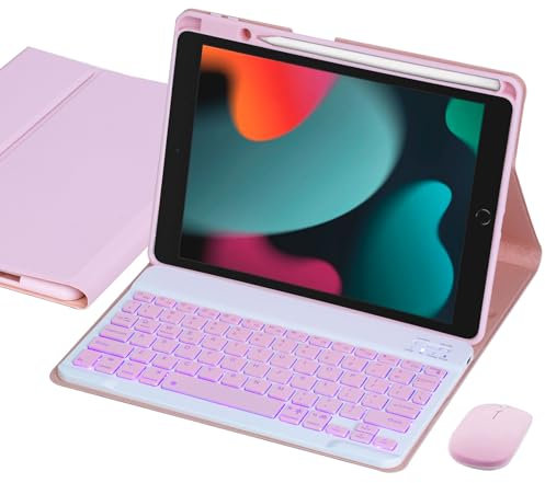 Keyboard Case for iPad 9th/8th/7th Generation 10.2 Inch, 7 Color Backlight Wireless Keyboard and Mouse, Protective Cover with Pencil Holder, Compatible with iPad Pro 10.5 /Air 3rd Gen (Pink)