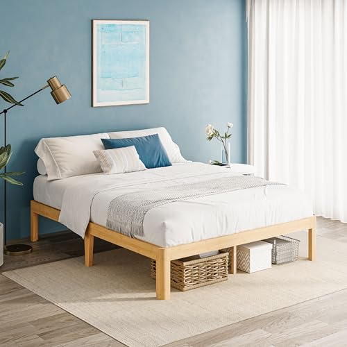 QFtime Bamboo Wood Double Bed Frame, Platform Bed Frame Double with Metal Slats Support, Easy to Install, Noise Free, Sturdy, 35.5 cm High