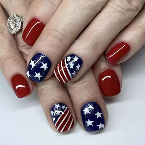 Pffiocix 24 Pcs 4th of July False Nails Independence Day Acrylic Nails Flags Day Stick on Nails Short Square Press On