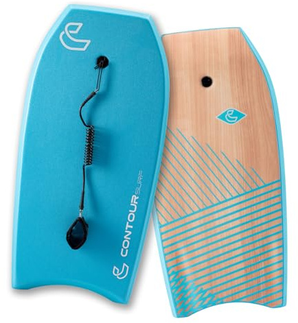 CONTOUR SURF Body Boards for Beach Lightweight Durable Body Board with EPS Core Dual Channel Double Swivel Coiled Wrist Leash Ideal 37/39/44 inch Bodyboards for Kids, Teens & Adults