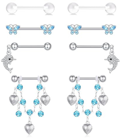 MODRSA Nipple-Piercing Nipple-Bars Nippelpiercing Chirurgenstahl: 4pairs 14G Barbell Piercing Schmuck Brustwarzenpiercing