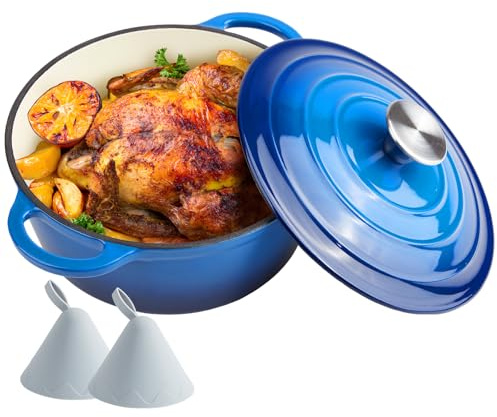 Dutch Oven Emailliertes Gusseisen mit Deckel, große Doppelgriffe, ofenfest bis 260 °C, klassischer runder Topf für vielseitiges Kochen, Blau, 4,5 l