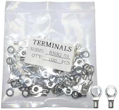 Lot de 100 cosses à anneau non isolées, connecteurs à sertir en cuivre rouge étamé, taille de boulon M5, goujon #10, cosses de fil AWG 16-14 (1,5-2,5 mm²) pour câblage électrique et applications