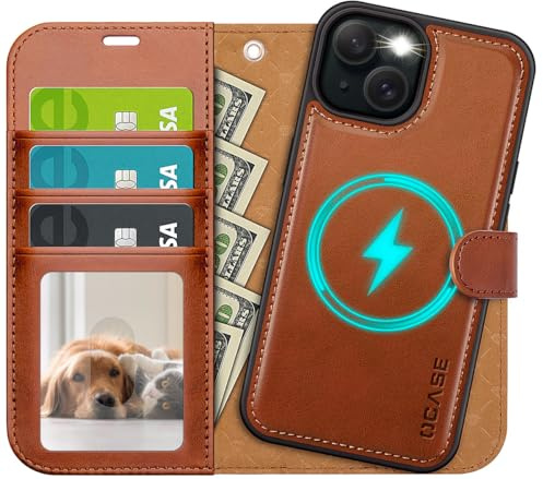 OCASE Kompatibel für iPhone 13 Hülle (2in1) Leder Stoßfestes Case, Braun | Abnehmbare magnetische, Mit Handschlaufe, Kabelloses Laden, Kartenfach, Standfunktion, Handyhülle RFID Schutzhülle