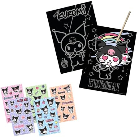 Hello Kitty Kuromi Schreibwarenset, Inklusive 5 Stickerbögen und Kratzpapier für Kinder, Geschenk für Mädchen