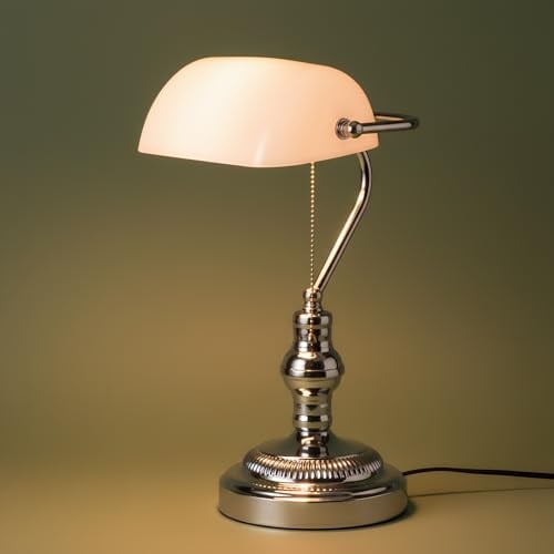 BARCELONA LED Bankerlampe Vintage mit Weißem Glasschirm und Verchromtem Gehäuse, Schreibtischlampe Klassisch Schwenkbar mit Schnurschalter,E27 Fassung,Retro Design für Büro,Arbeitszimmer, Schlafzimmer