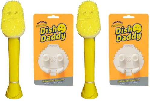 Scrub Daddy Dish Daddy Wand & Connector Head, Soap Dispensing Dish Brush, Texture Changing Washing Up Sponge With Liquid Handle, Handle Sponge with Built-in Scraper, Scrubbing Head & Stand - Yellow