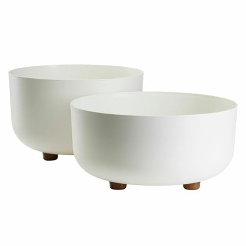 HowHomely Blumentopf Set 2-teilig Blumenkübel auf Füßen Creme Pflanzschale Pflanzgefäß Übertopf rund niedrig modern für Innenräume und Terrasse