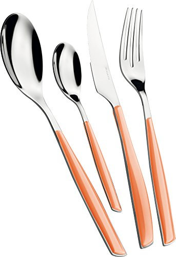 BUGATTI, Glamour, Ensemble de 24 couverts en acier inoxydable 18/10 et manche de couleur MELON. Ensemble de couverts 6 personnes composé de 6 cuillères, 6 fourchettes, 6 couteaux et 6 cuillères à café