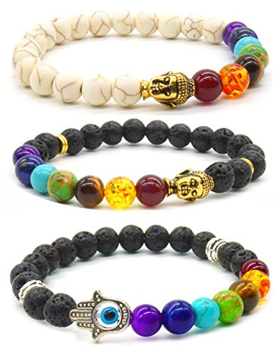 Thajaling 3 Stück 8mm Lava Rock Stein Armband Buddha Schädel Hamsa Hand 7 Chakra Bead Herren Damen Armband