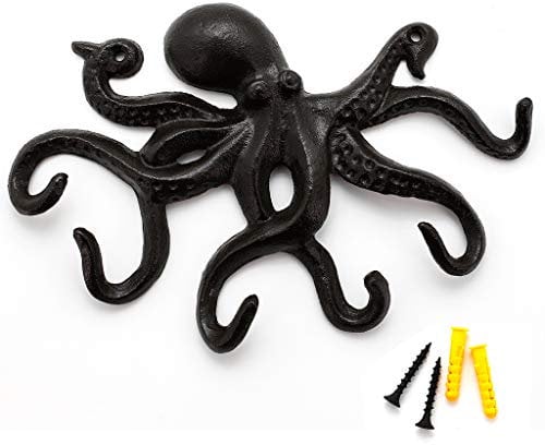 ChasBete Octopus Coat Hooks for Wall, Rustic Cast Iron Key Holder, 22.5cm Heavy Duty Door Hook with 6 Tentacles - Black