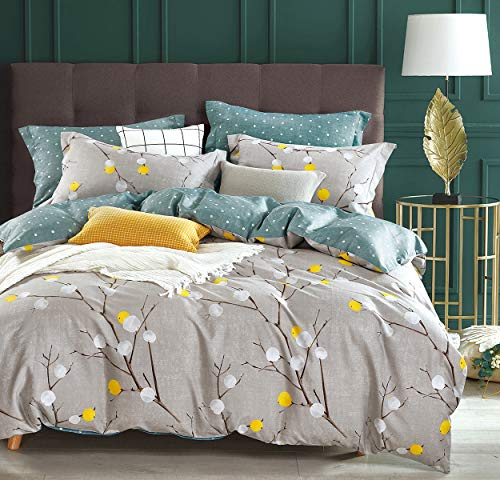 SLEEPBELLA Duvet Cover Queen, 600 Thread Count Cotton Grey Branch with Yellow Turquoise Polka Dot Pattern Green Reversible Comforter Cover(Queen, Grey Branch)