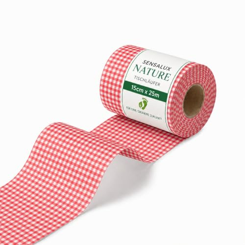 Sensalux Nature Vlies Tischläufer, 15 cm x 25m, Karomuster Weiß-Rot | CO2-neutral, stoffähnliche Meterware, Tischdeko für Hochzeit Geburtstag Party Event Catering