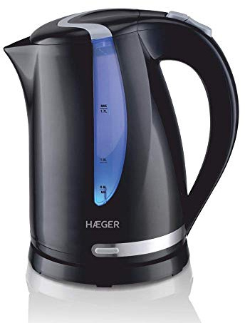 HAEGER BLACKNESS - Hervidor electrico 1,7 Litros, 2200W, base giratoria de 360º, resistencia oculta en INOX, protección contra ebullición en seco, apagado automático