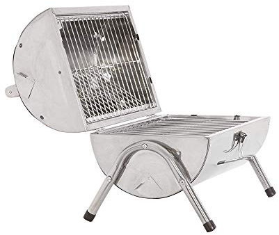 Portable Barrel Stainless Steel BBQ with 2 Independent Cooking Areas Features Side Vents and Wooden Carry Handle - Great for Beach, Garden, Party or Camping (Silver)