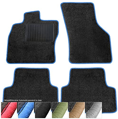 moto-MOLTICO Fußmatten Auto - Velours Autoteppiche passend für Jeep Grand Cherokee (2011-2021) - 4-teiliges Set - Schwarze Automatten mit Blauen Ziernähten