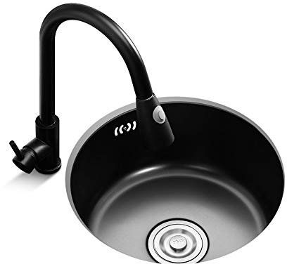 HomeLava Einbauspüle Küchenspüle Spülbecken Edelstahl Rund aus Edelstahl Nano-Beschichtung Oberfläche Schwarz Spüle 40×40 cm mit Siphon und Seifenspender