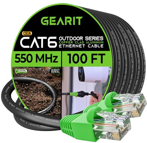 GEARit 34.8m Cat6 Direct Burial Ethernet Cable - Cat 6 Outdoor Waterproof, In-Ground, UV Jacket - UTP 550 Mhz High Speed Internet Broadband Network - CCA (34.8 Meters, 100 Feet)