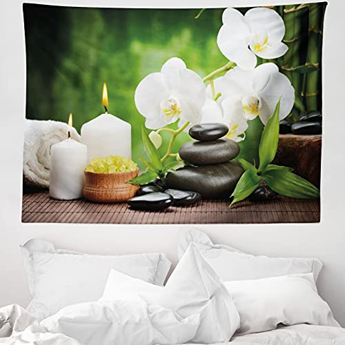 ABAKUHAUS Spa Wandteppich und Tagesdecke, Steine ​​und Orchideen, aus Weiches Mikrofaser Stoff Wand Dekoration Für Schlafzimmer, 150 x 110 cm, Weiß Grün und Schwarz