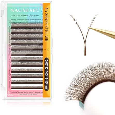 NAGARAKU YY Eyelash Extensions Light Brown Color Y Lash 0.07mm D Curl Mix Tray 8-15mm Premade 4D Easy Fan Russian Volume Cluster 12 Rows Pre Fanned Wispies Crisscross Eye Lashes