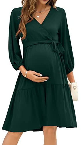 KOJOOIN Damen Umstandskleid V-Ausschnitt 3/4 Ärmel Stillkleid Rüschen Schwangerschafts Kleider mit Gürtel(Verpackung MEHRWEG)