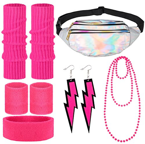 AUXSOUL 80 Jahre Kostüm Zubehör für Damen Set,Bauchtasche,Neon Beinwärmer,Stirnband,Armband,Blitz-Ohrringe,80s Women Accessories Set für 80er Jahre Thema Party Zubehör, Rosenrot