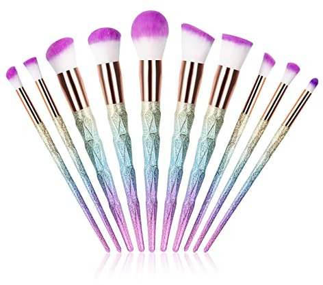 CDC DIGI 10 Pcs Makeup Brushes Set, Unicorn Rainbow Handle Synthetic Hair Professional Makeup Brushes Kit with Eyeliner Foundation Blusher Powder Blending Cosmetic Brushes Kit