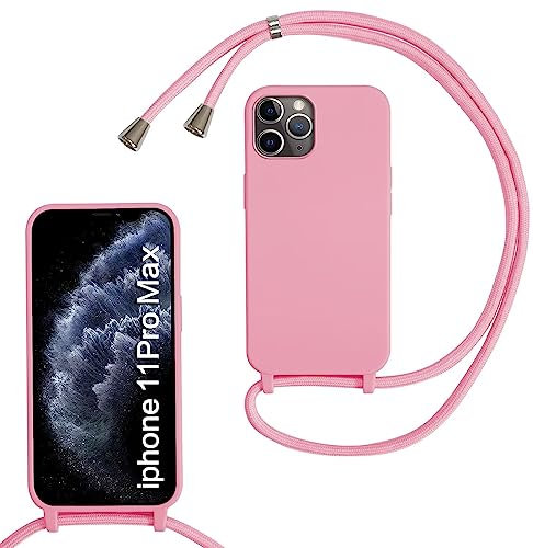 MBSLFY Lanyard Case for iPhone 11 Pro Max, Liquid Silicone Protective Phone Case with Strap Adjustable Neck Cord Necklace Soft Cover for iPhone 11 Pro Max, Pink
