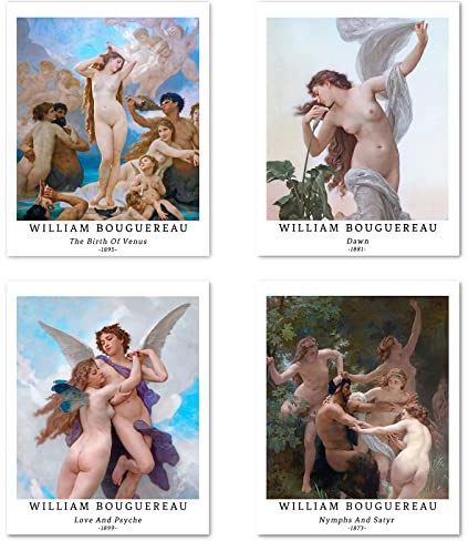 Kunstdruck Ungerahmt Klassische Mythologie Historisch Bilder Set von 4, Poster Größe: 28x35 cm Premium Kunstpapier Wanddeko Vintages Liebes Nymphen Passenden Wohnzimmer Deko William Bouguereau Poster