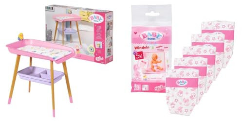 BABY born 829998 Wickeltisch rosa mit Holz-Optik und abnehmbaren Tuch-Halter & BABY Born 826508 Windeln für 43cm Puppe - Einfach für Kleine Hände, ab 3 Jahren - Inklusive 5 Windeln