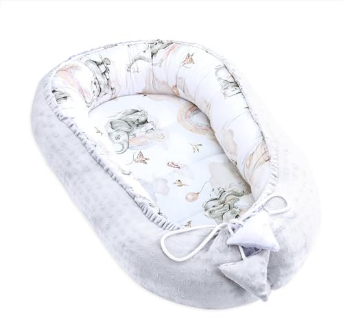 Nestchen Baby - Babynestchen Neugeborene Minky Babynest für Kinderbett Vielseitiges tragbar Nest kuschelnest zubehör für babybett warm Winter coccon Elefant Hellgrau