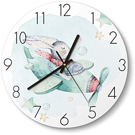 DEQORI Glasuhr | rund Ø 30 cm | Motiv Hase im Flieger | ausgefallene leise Design Uhr aus Glas | Wanduhr für Wohnzimmer & Küche | Moderne Hingucker Uhr für die Wand