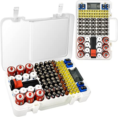 Battery Organizer Storage Case with Tester Checker. Batteries Holder Box Container for 120+ AA AAA 9V C D Lithium CR2025 CR1632 CR2032 Coin Cell Battery with Wall-Mounted Design -Transparency