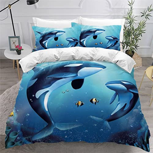 VASENA Bettwäsche Wal Bettwäsche 135x200 Kinder Delfin Bettbezug Set Weich Microfaser Kinderbettwäsche 3 Teilig Mit ReißVerschluss Mit 2 Kissenbezug 80x80 cm