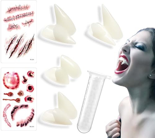 RUIXUE® 10 Stück Vampir zähne Erwachsene, 4 Größen Vampir zähne, 3 Stück Halloween Tattoos, mit 2 Tube Zahnpellets Kleber, für Cosplay Party Requisiten Halloween Horror Party Reißzähne. (Weiß-A)