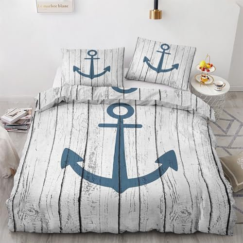 GEDAEUBA Bettwäsche 200x220 Maritim - Anker Bettbezug 200 x 220 3 teilig, Wendebettwäsche und Kissenbezug 80x80, Weiche & Angenehme & Atmungsaktive Mikrofaser Bettwäsche-Sets mit Reißverschluss