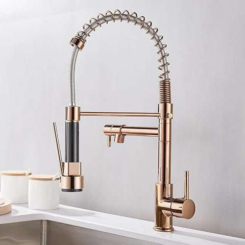 EGTink Robinet de cuisine avec douchette pivotant à 360° - Robinet à ressort hélicoïdal - Or rose