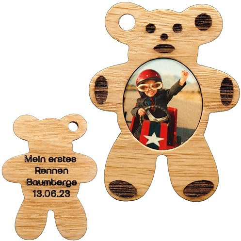 mausdot Personalisierter Eichen Holz Schlüsselanhänger mit Foto & Gravur | Bärchen Anhänger | Kratzfestes Bild | Handgefertigt | Personalisiertes Geschenk für Partner Freundin oder Mama
